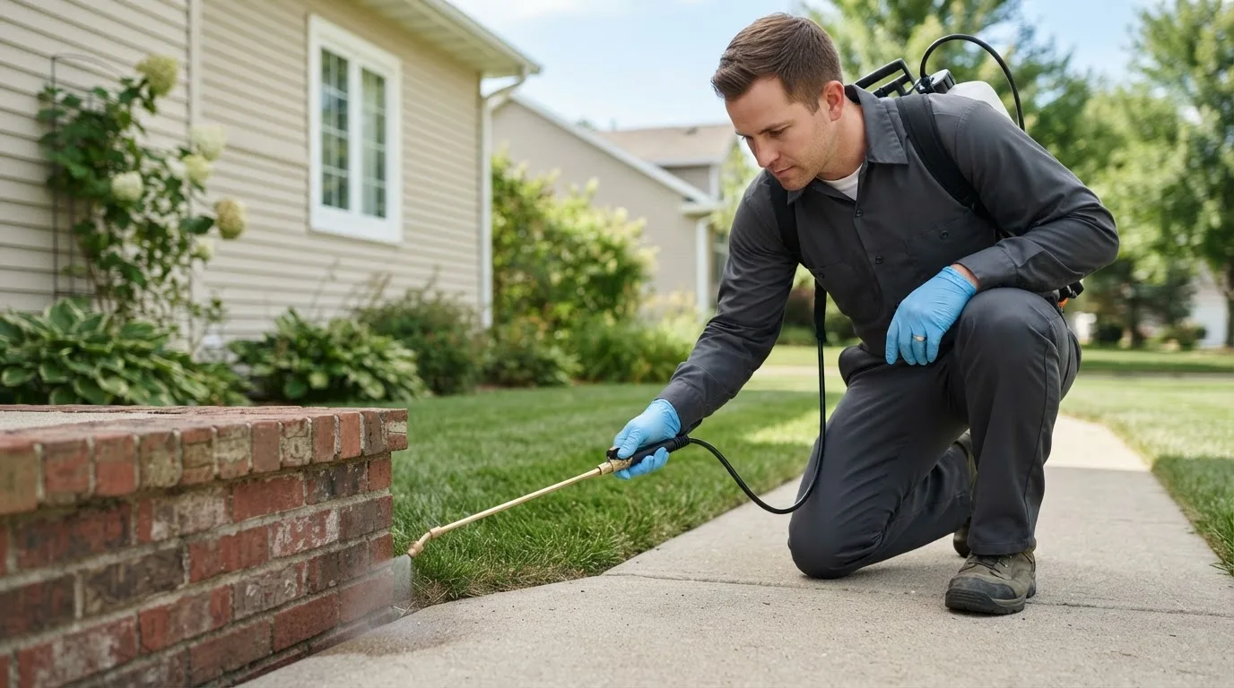 Pest control technician treating a home near Rochester, MN